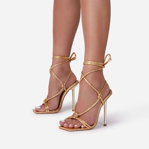 Golden Snake Print Lace Up Heels - Picture 1 of 4